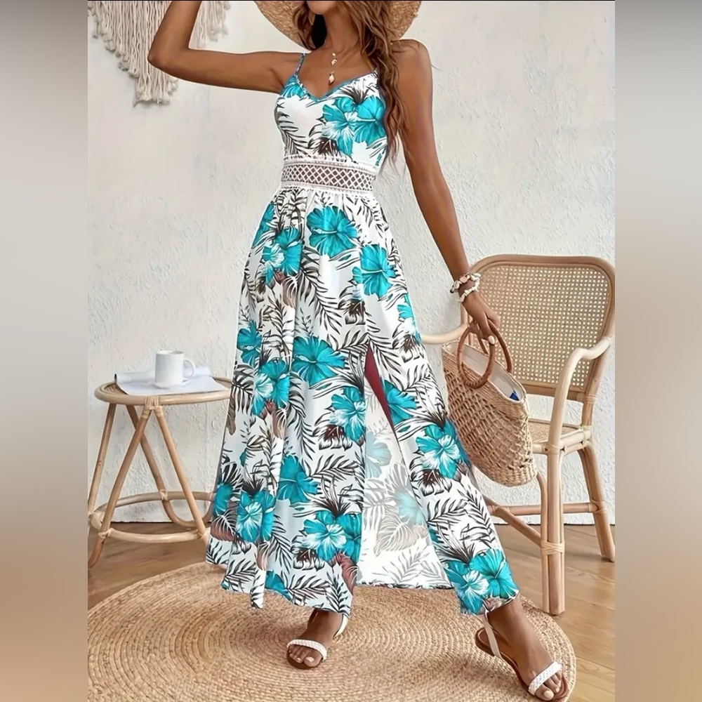 Tropical Floral Maxi Dress in Blue and White